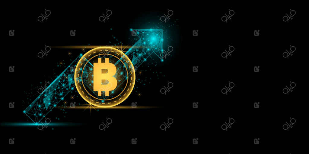 مفهوم روند صعودی بازار: سکه طلایی ارز دیجیتال با نمودار فلش آبی رو به بالا در پس‌زمینه تیره. فناوری بلاکچین. نرخ افزایش و پرواز به سوی اوج.