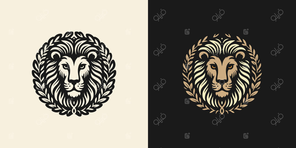 لوگوی سر شیر سلطنتی با تاج برگ بو در طراحی مشکی و طلایی شیک برای برندینگ ممتاز و هویت لوکس