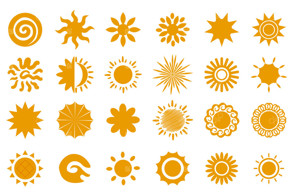 مجموعه آیکون‌های خورشید زرد در طراحی گرافیکی ساده - نمادهای مختلف تابستانی با شعاع‌ها و نورهای خورشید