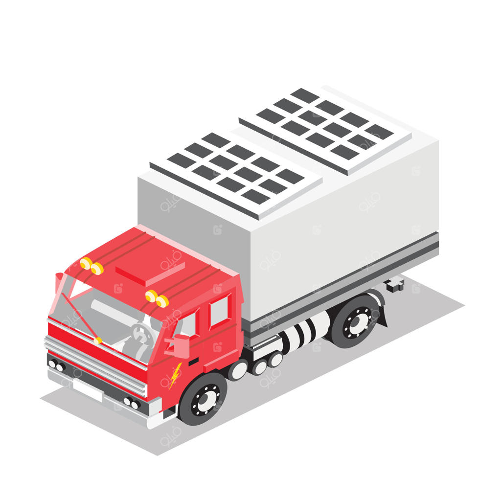 کامیون ایزومتریک با پنل های خورشیدی روی سقف. خودرو با انرژی خورشیدی تجدیدپذیر. وسیله نقلیه الکتریکی با عناصر فتوولتائیک. کامیون هیبریدی قرمز. پس‌زمینه سفید.