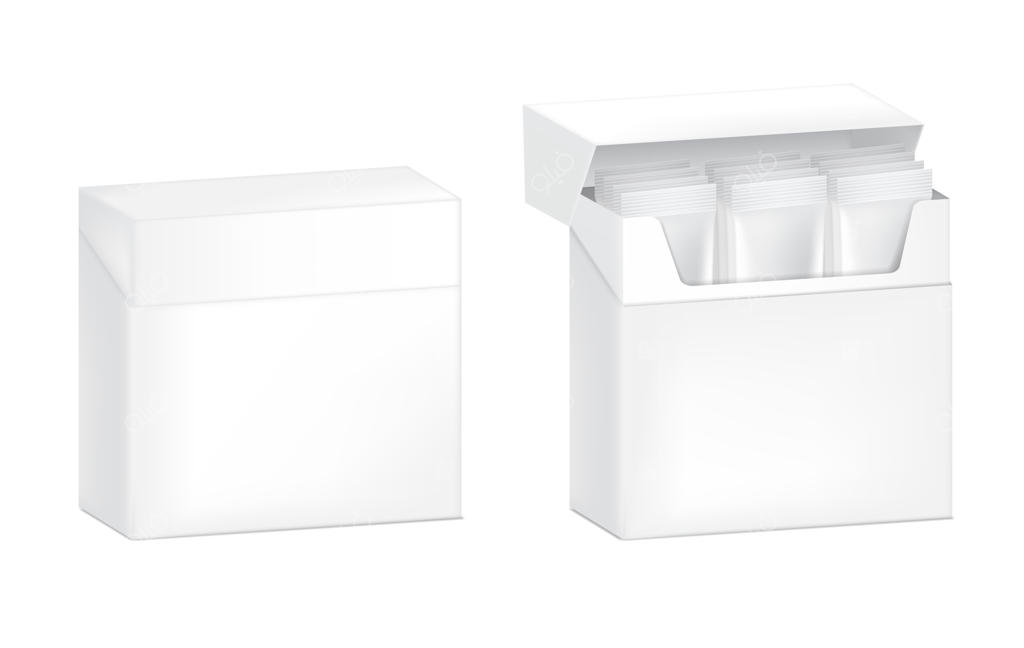 تصویر وکتور ساشه براق سه‌بعدی با جعبه کاغذی، به‌صورت جداگانه. طراحی بسته‌بندی مواد غذایی و نوشیدنی.