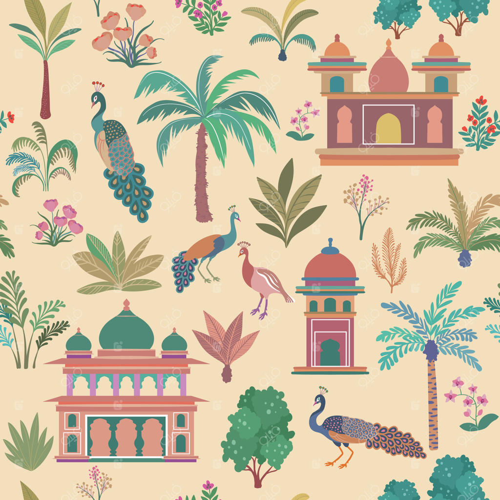پترن عناصر طراحی باغ های هندی: درختان باغ، نخل‌ها، طاووس‌ها، طاق‌های معماری و قصرها