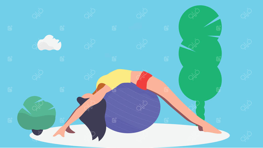 تصویر دختری که در باغ با توپ یوگا انجام می‌دهد