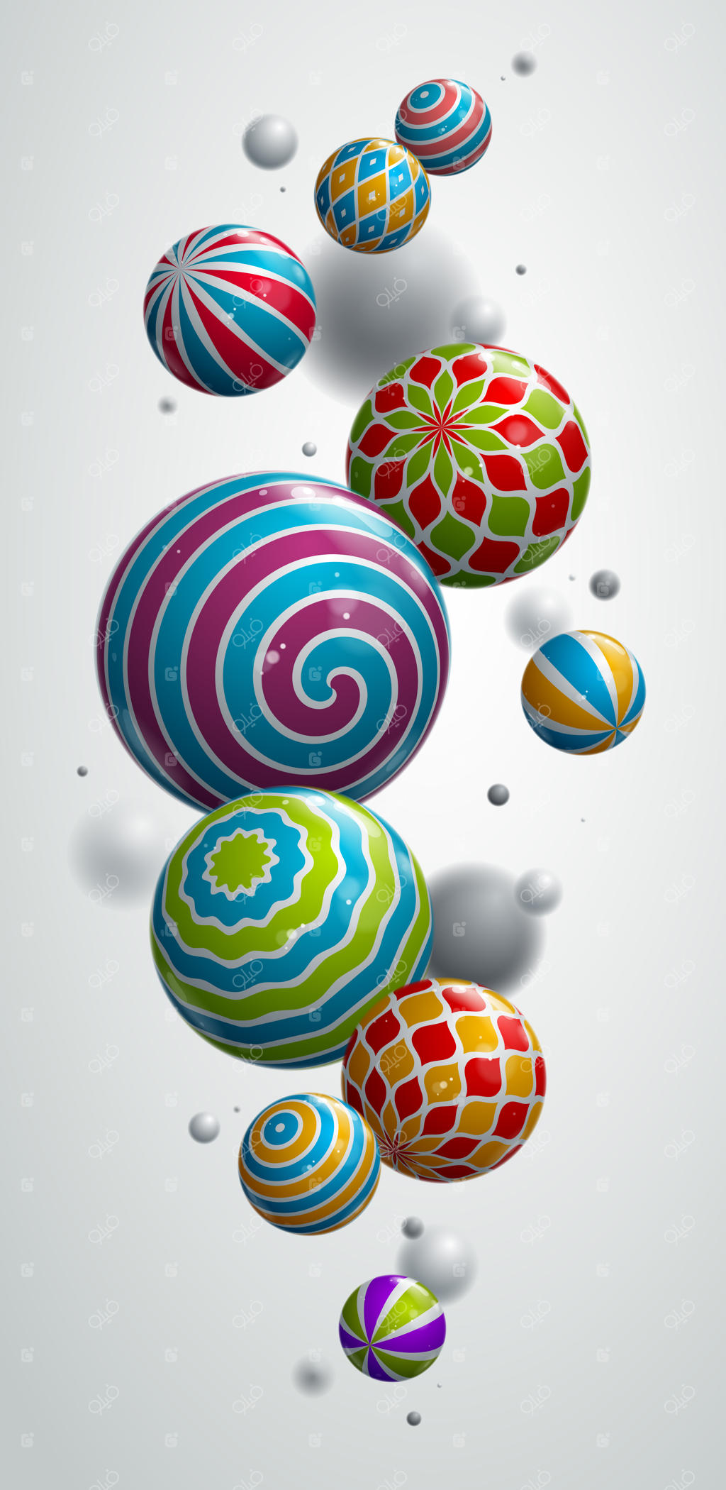 پس‌زمینه‌ی انتزاعی کره‌ها برای گوشی، ترکیبی از توپ‌های شناور با طرح‌های تزیینی، تصویر زمینه سه‌بعدی واقعی با افکت عمق میدان.