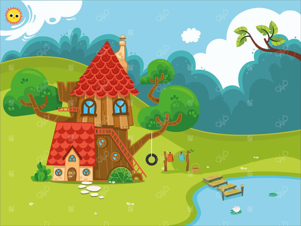 تصویر وکتور خانه چوبی افسانه‌ای در طبیعت و کنار دریاچه