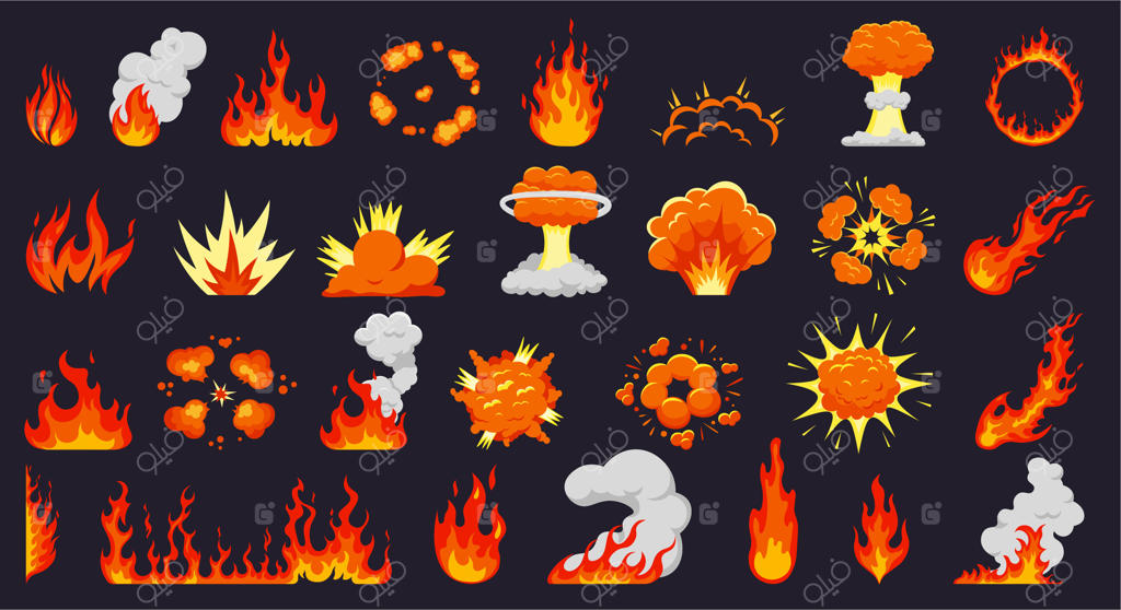 انفجارهای کارتونی آتش: شعله‌های آتش، آتش اردوگاهی داغ، ابرهای انفجاری بمب، انفجارهای شعله‌ور. مجموعه‌ای از سیلوئت شعله‌ها به‌صورت وکتور
