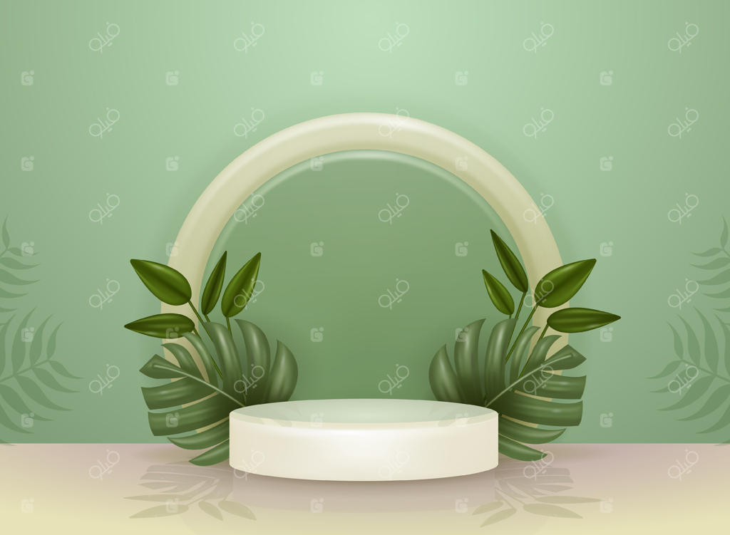 پلتفرم نمایش محصولات با برگ‌های طبیعی و پس‌زمینه سبز. مناسب برای محصولات آرایشی