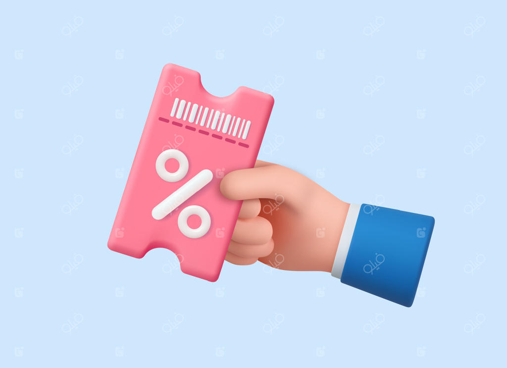دست سه‌بعدی با کوپن تخفیف و علامت درصد.