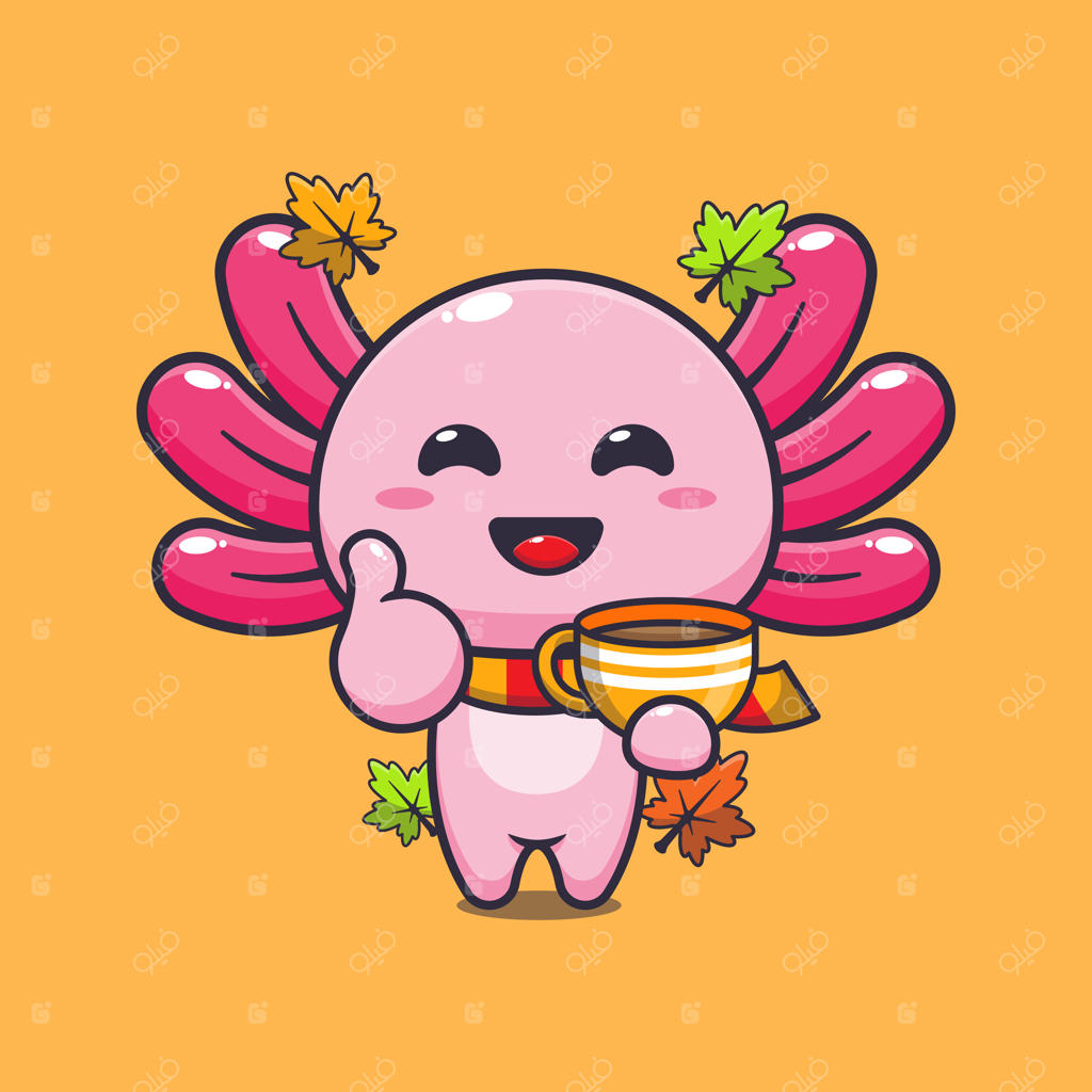 تصویر برداری فانتزی از آکسولوتل بامزه با قهوه در فصل پاییز