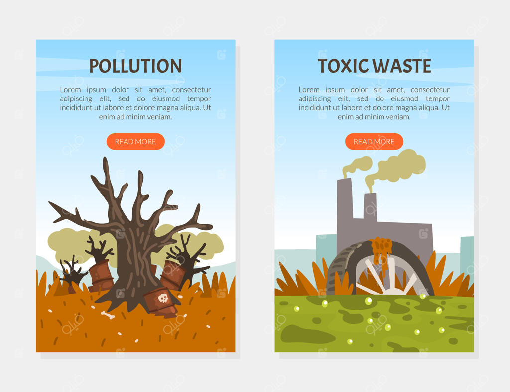 وب‌سایت یا اپ اسلاید محیط زیستی: آلودگی ناشی از گازهای کارخانه‌ای و زباله‌های سمی و هسته‌ای در طبیعت (کارتون)