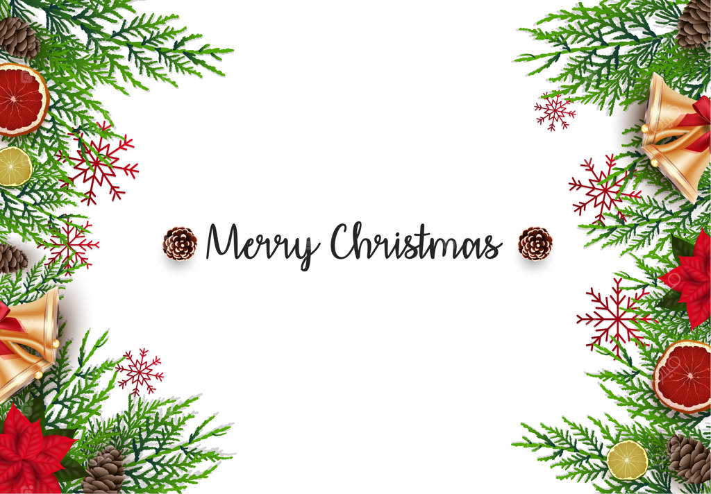 زمینه کریسمس با شاخه‌های کاج و زنگوله‌های طلایی