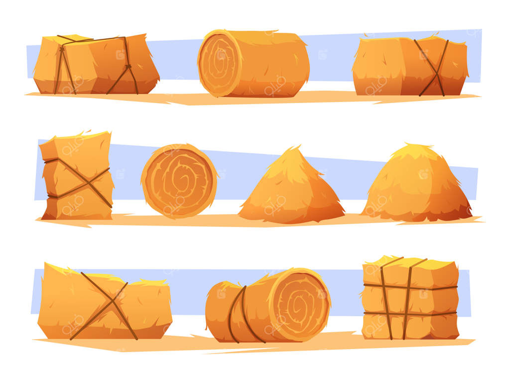 مجموعه نقاشی‌های مسطح وکتور: مزارع زرد کشاورزی و کُپّه‌های روستایی در دهکده‌ها