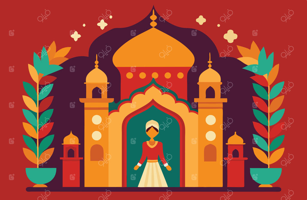 دعوت‌نامه عروسی در باغ مغول. هنر و تصویرگری با رنگ‌های تخت.