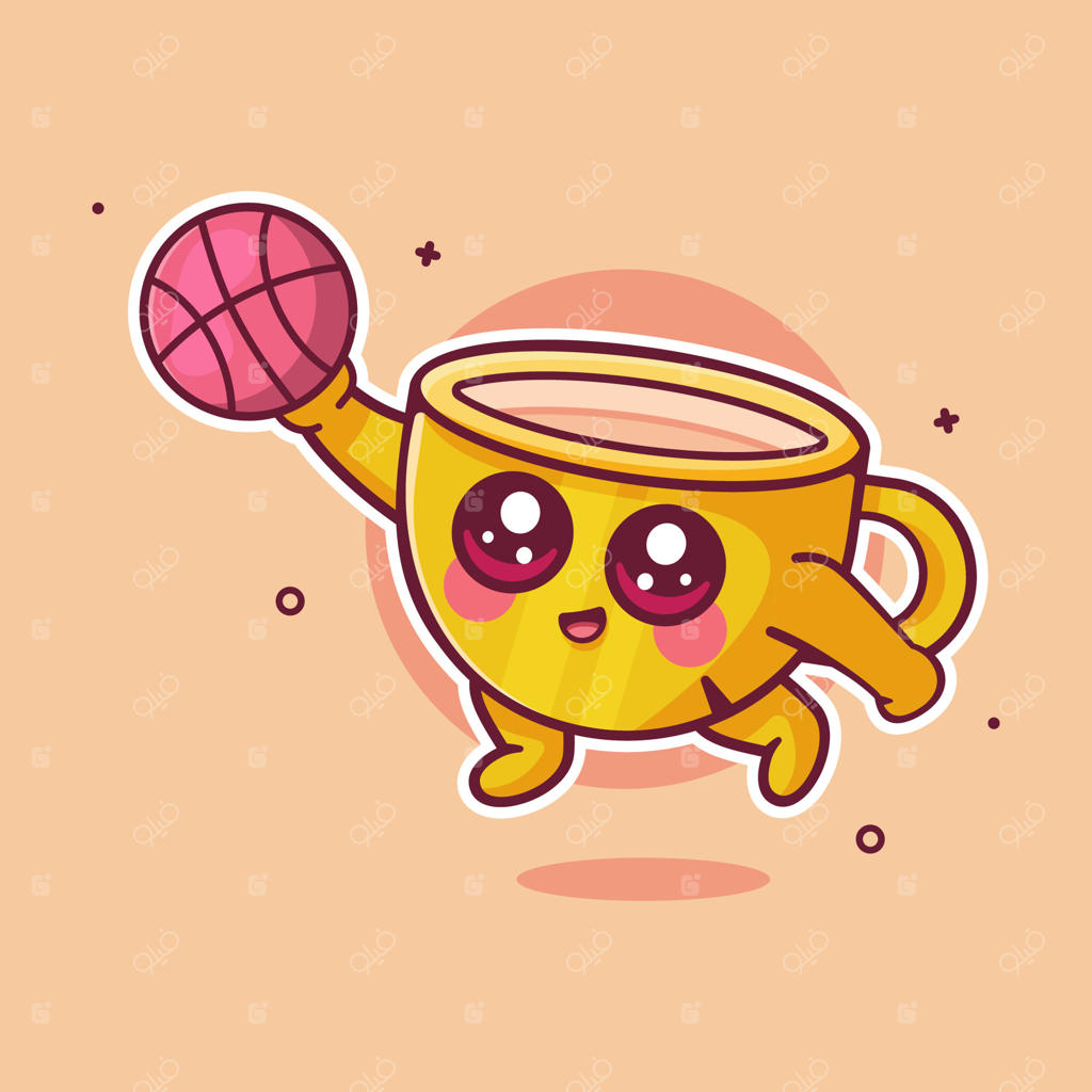 شخصیت فنجان قهوه شاد در حال بازی بسکتبال با طراحی کارتونی