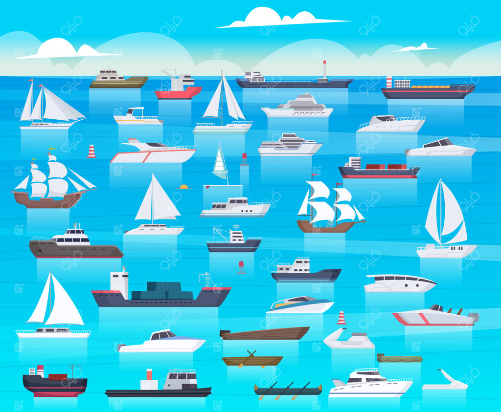 کشتی در دریا: قایق‌های بادبانی و کشتی مسافربری در سفر اقیانوس، زیردریایی باری و قایق تفریحی در پس‌زمینه کارتونی