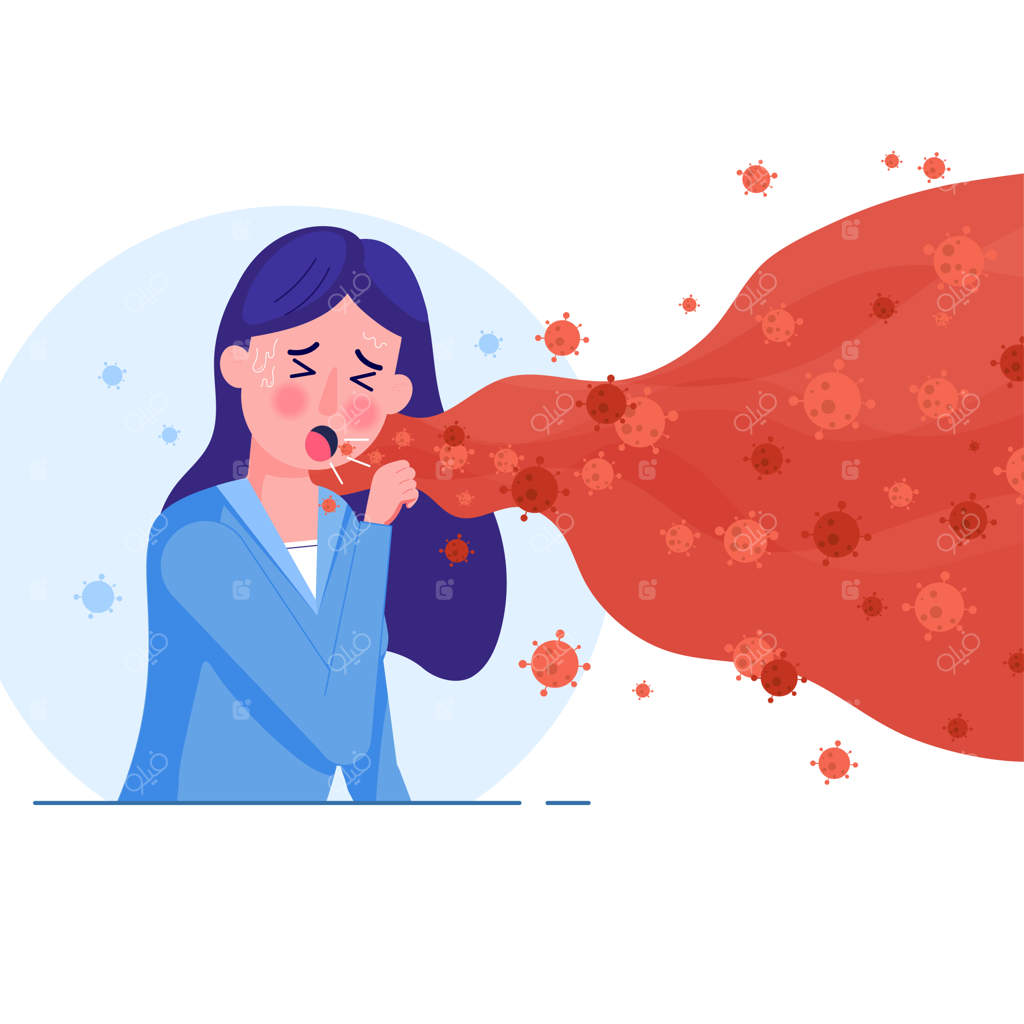 زنی با علائم سرفه و انتشار ویروس کرونا در هوا به سبک مسطح. مفهوم شیوع و همه‌گیری جهانی ویروس کرونا و کووید-۱۹.