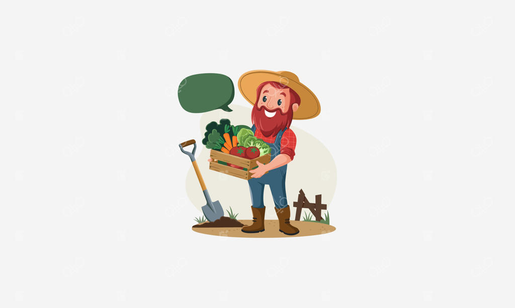 کشاورز خوشحال، سبد سبزیجات به دست، با بیل در باغچه ایستاده است.