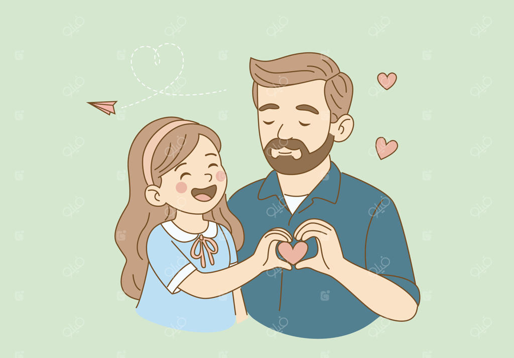 تصویر طراحی تخت از پدر و دختری که با لبخند و دستانشان شکل قلب می‌سازند.