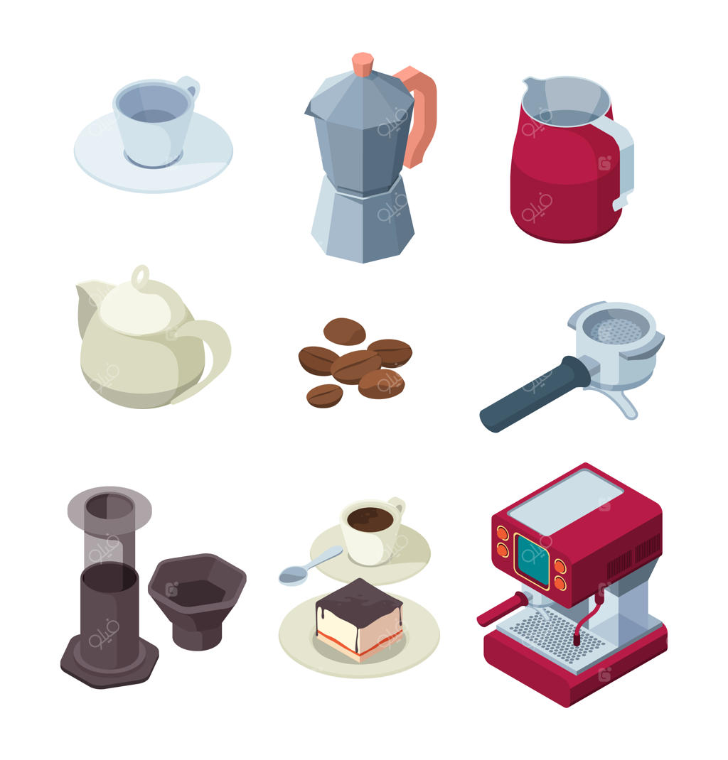 تجهیزات باریستا و دستگاه‌های قهوه‌ساز طبیعی - ست کیک‌های خوشمزه و فنجان اسپرسو با طرح‌های ایزومتریک رنگارنگ