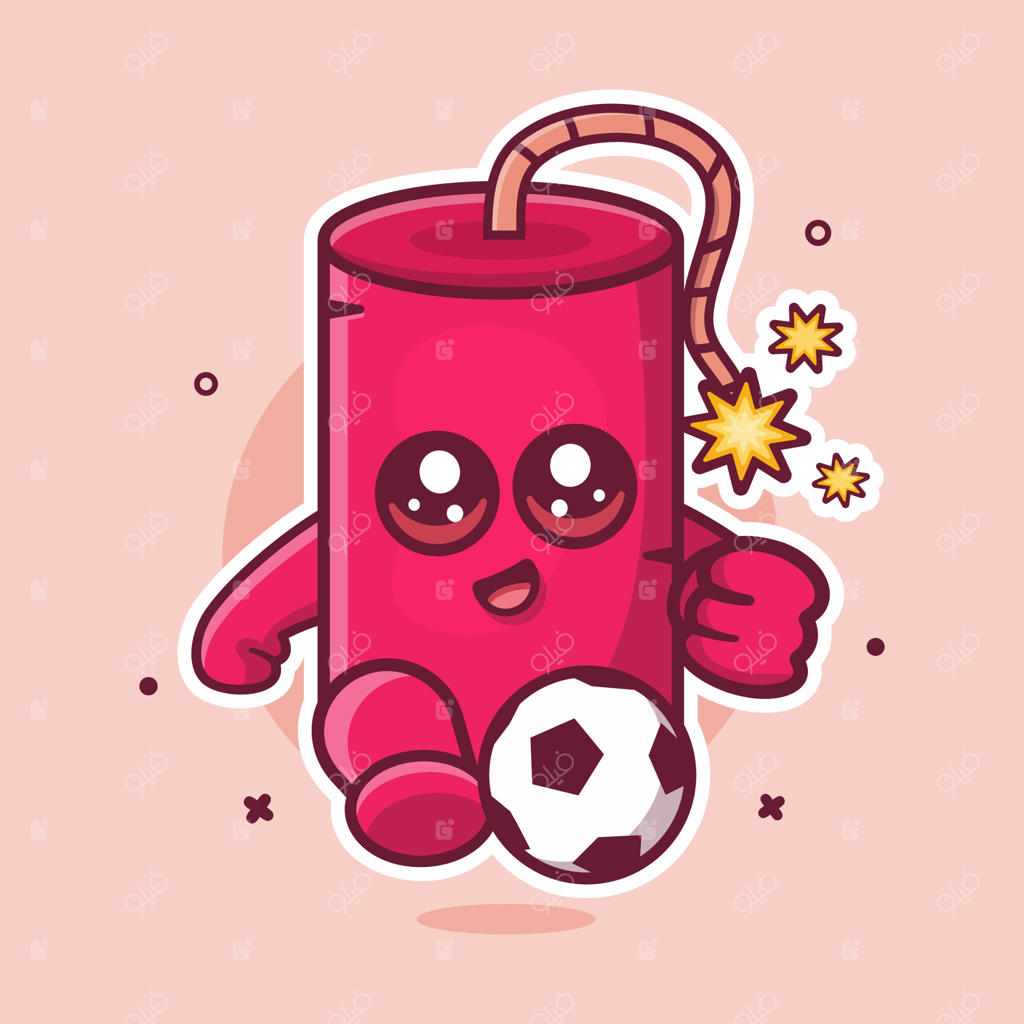 ماسکوت کارتونی بمب دینامیت خندان در حال بازی فوتبال