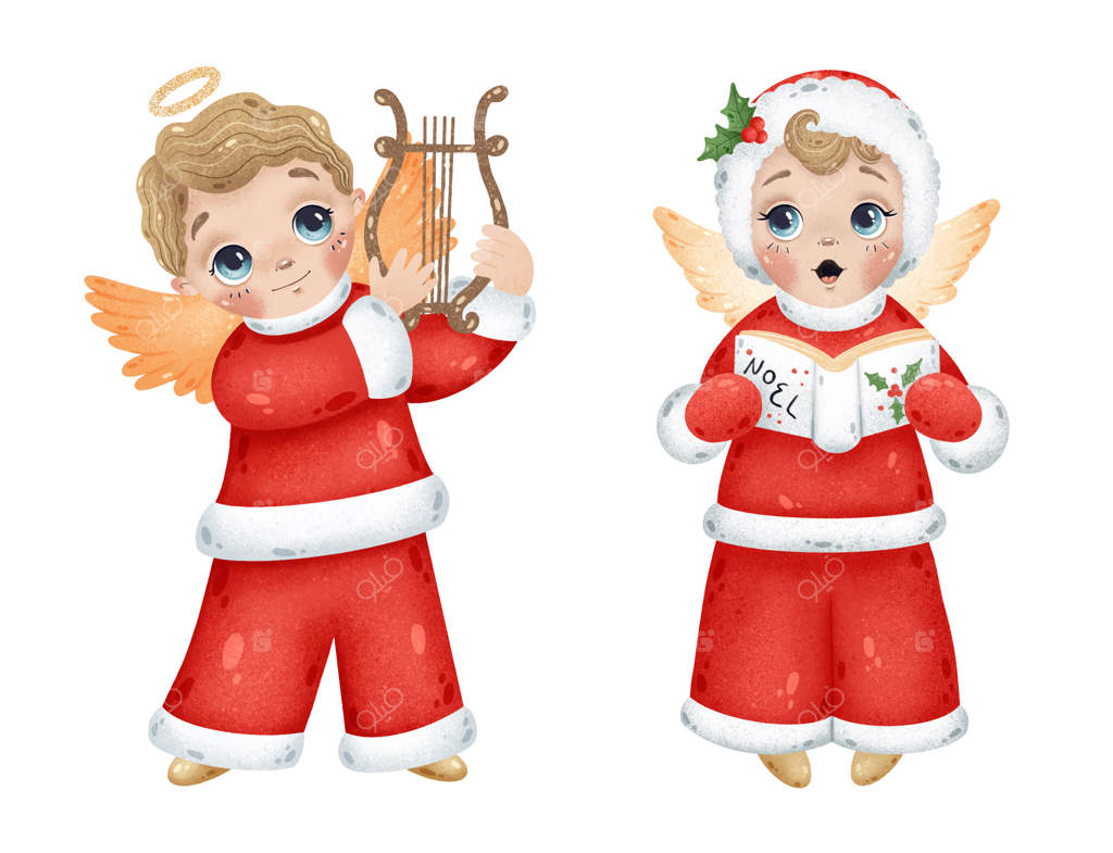 پسران فرشته کارتونی بامزه کریسمس؛ نوازنده چنگ و خواننده آهنگ نوئل. مجموعه‌ای از فرشته‌های کریسمس.