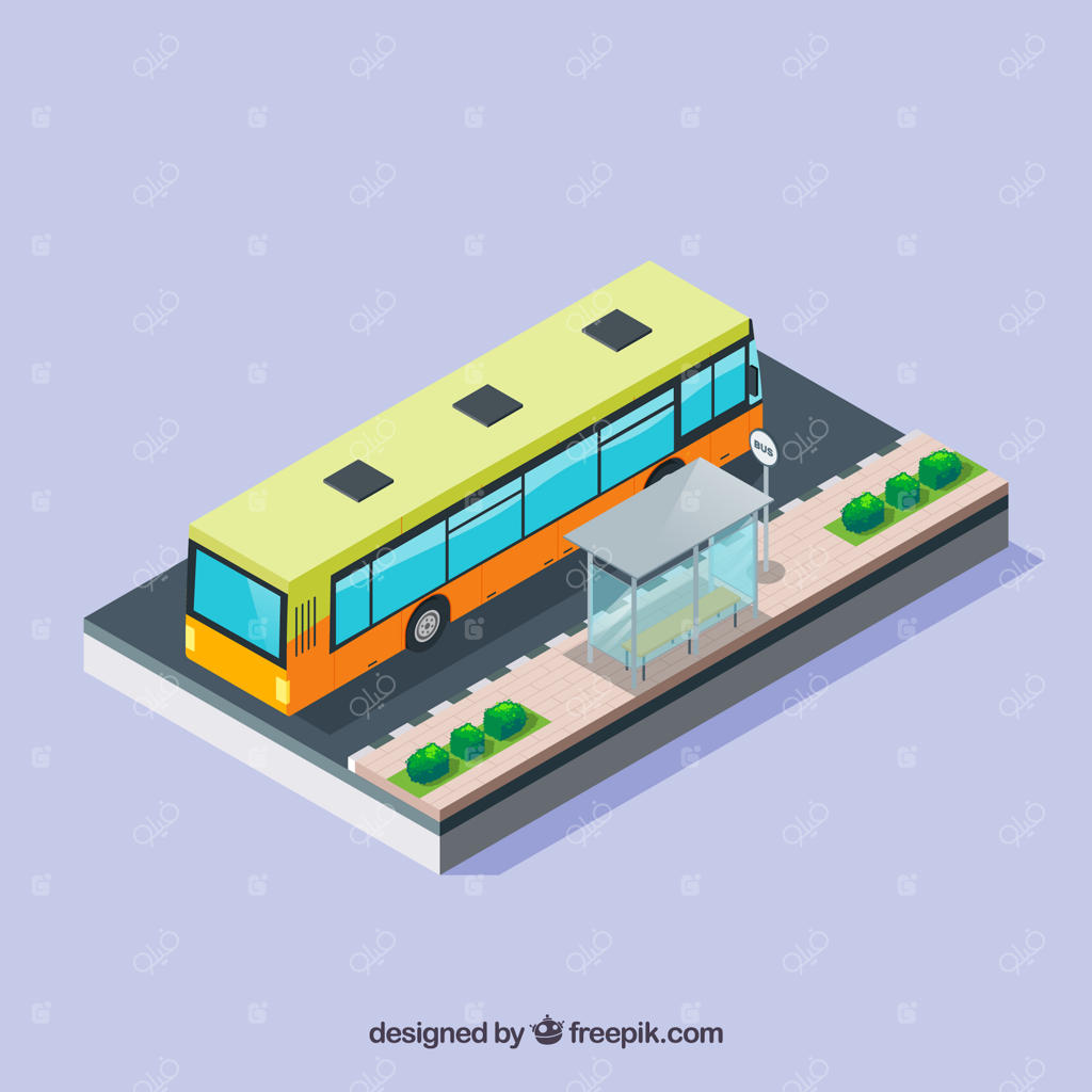 پس‌زمینه ایستگاه اتوبوس با طراحی ایزومتریک اتوبوس
