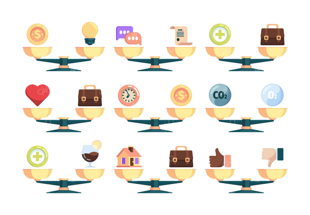 مقایسه مقیاس‌های کسب‌وکار: ایده تجسم زمان و پول با تصویر لامپ روشنایی و دوستی بر روی ترازوها؛ طراحی وکتور رنگارنگ و ساده