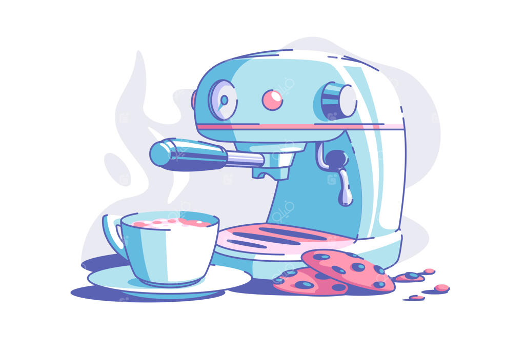 تصویر برداری از دستگاه قهوه‌ساز برقی همراه با فنجان قهوه داغ و معطر و بیسکویت‌ها به سبک تخت - مفهوم صبح بخیر و صبحانه