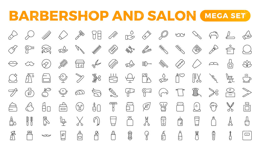 آیکون‌های آرایشگاه - مجموعه تصاویر وب با خطوط نازک و قابل ویرایش. مجموعه ابزارهای آرایشگری. پک طراحی هنری. مجموعه آیکون‌های وکتور.