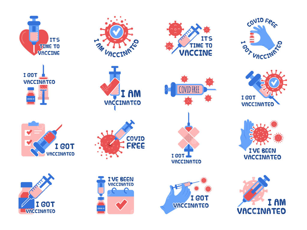 نمادهای واکسیناسیون: نشان‌های حفاظتی ویروس با تصویر سرنگ - تصویرسازی تازه وکتور پزشکی