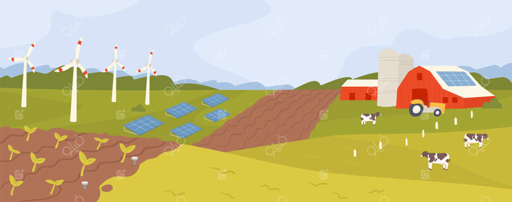 چشم‌انداز زیبای مزرعه مدرن با مزارع، چمنزارها، چراگاه‌ها، انبارها، پنل‌های خورشیدی و توربین‌های بادی. نمای پانورامیک از زمین‌های کشاورزی در حومه شهر. تصویرسازی رنگی و مسطح از مناظر روستایی.