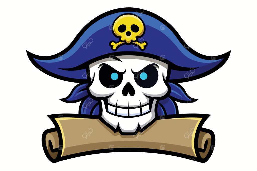 تصویرسازی جمجمه کارتونی دزد دریایی با کلاه آبی، طومار و چشمان آبی درخشان