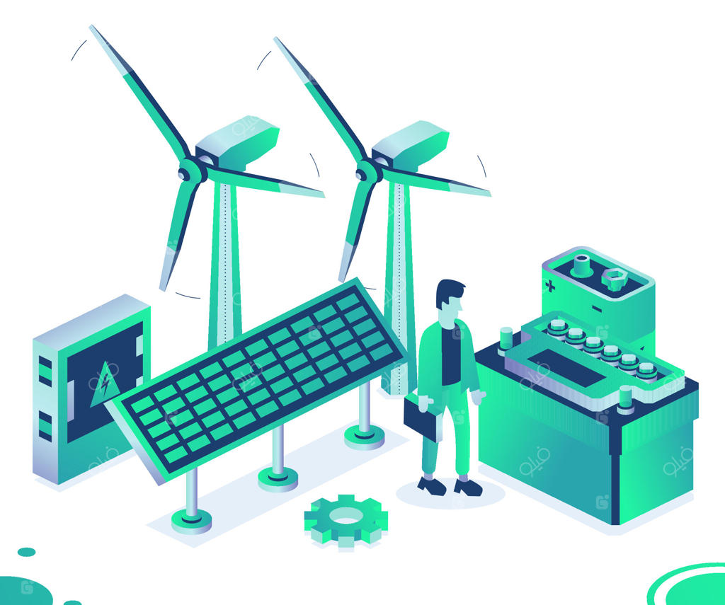 توربین بادی، پنل خورشیدی، باتری خودرو و باتری ۹ ولتی: نمادی از انرژی سبز پاک