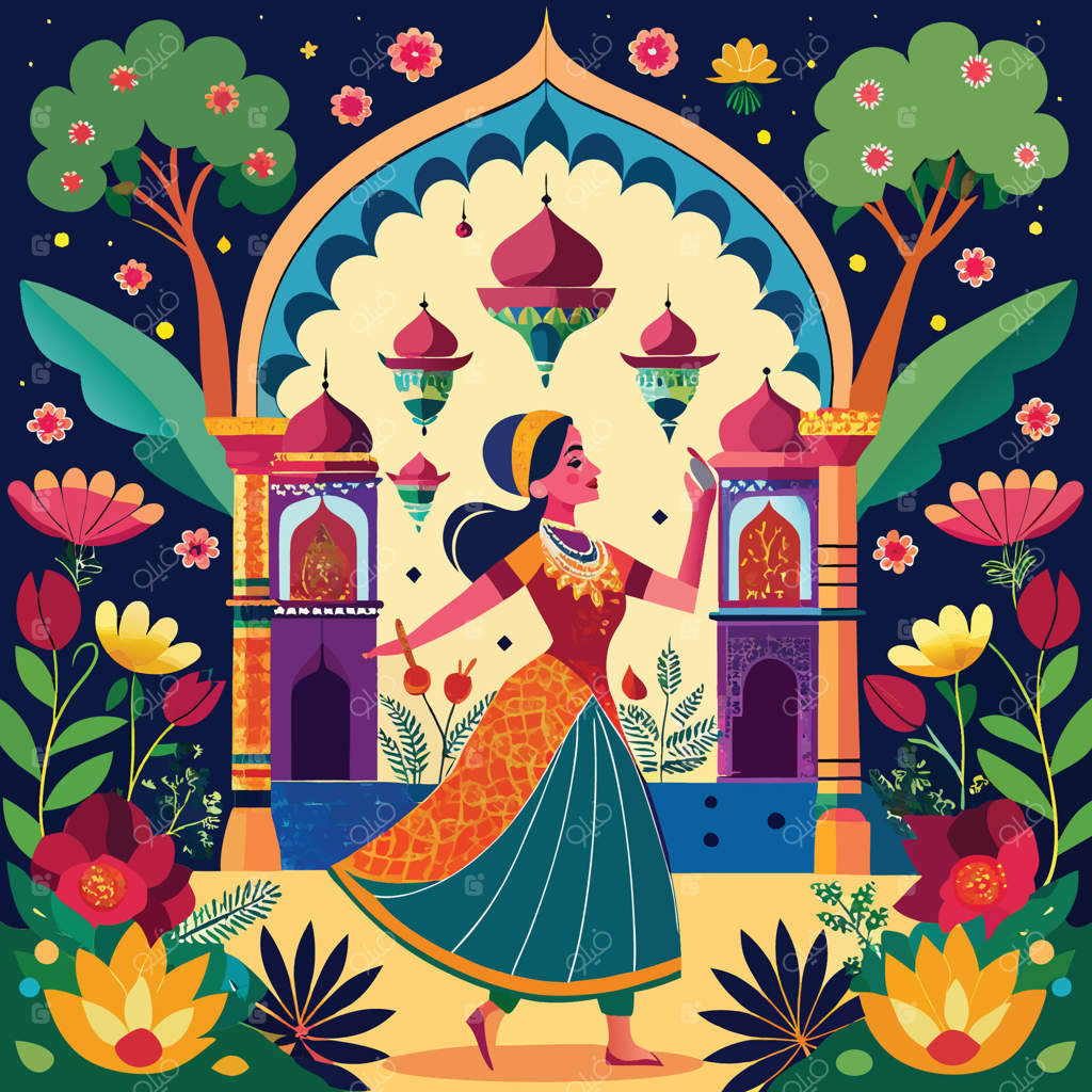 رقصنده دربار مغول در باغی آرام با طاووسی باشکوه