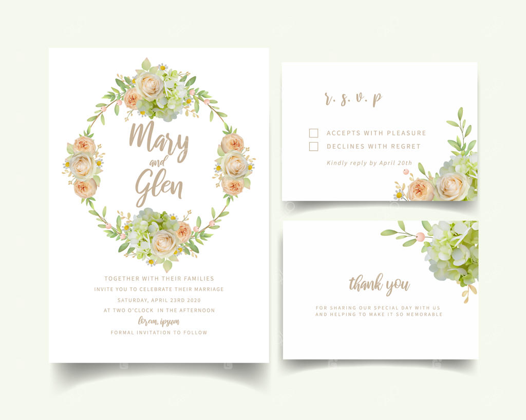 دعوتنامه عروسی با طرح گل‌های رز و هیدرانژیا