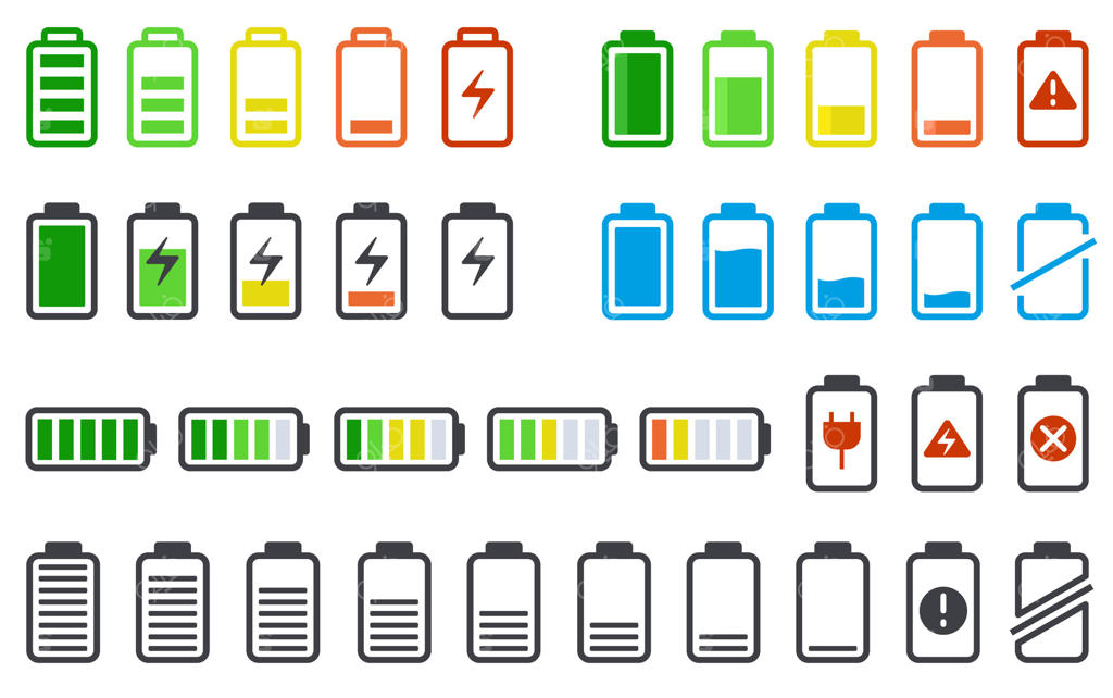 آیکون وضعیت باتری: نشانگر شارژ الکتریکی، وضعیت شارژ دوچرخه برقی، اتومبیل و گوشی - نمادهای سطح باتری پر و کم. مجموعه کامل