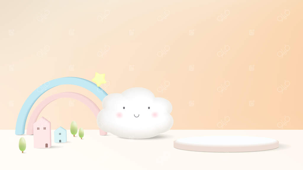 رندر سه‌بعدی سکو به سبک کودکانه با پس‌زمینه پاستلی از ابرها و هوا برای محصولات کودک یا نوزاد
