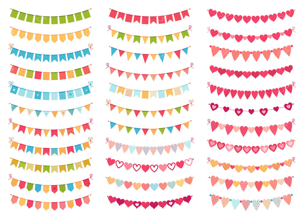 مجموعه پرچم‌های رنگی برای تزئین جشن، جشن تولد، یا فستیوال و کارناوال. (تصویر وکتور)