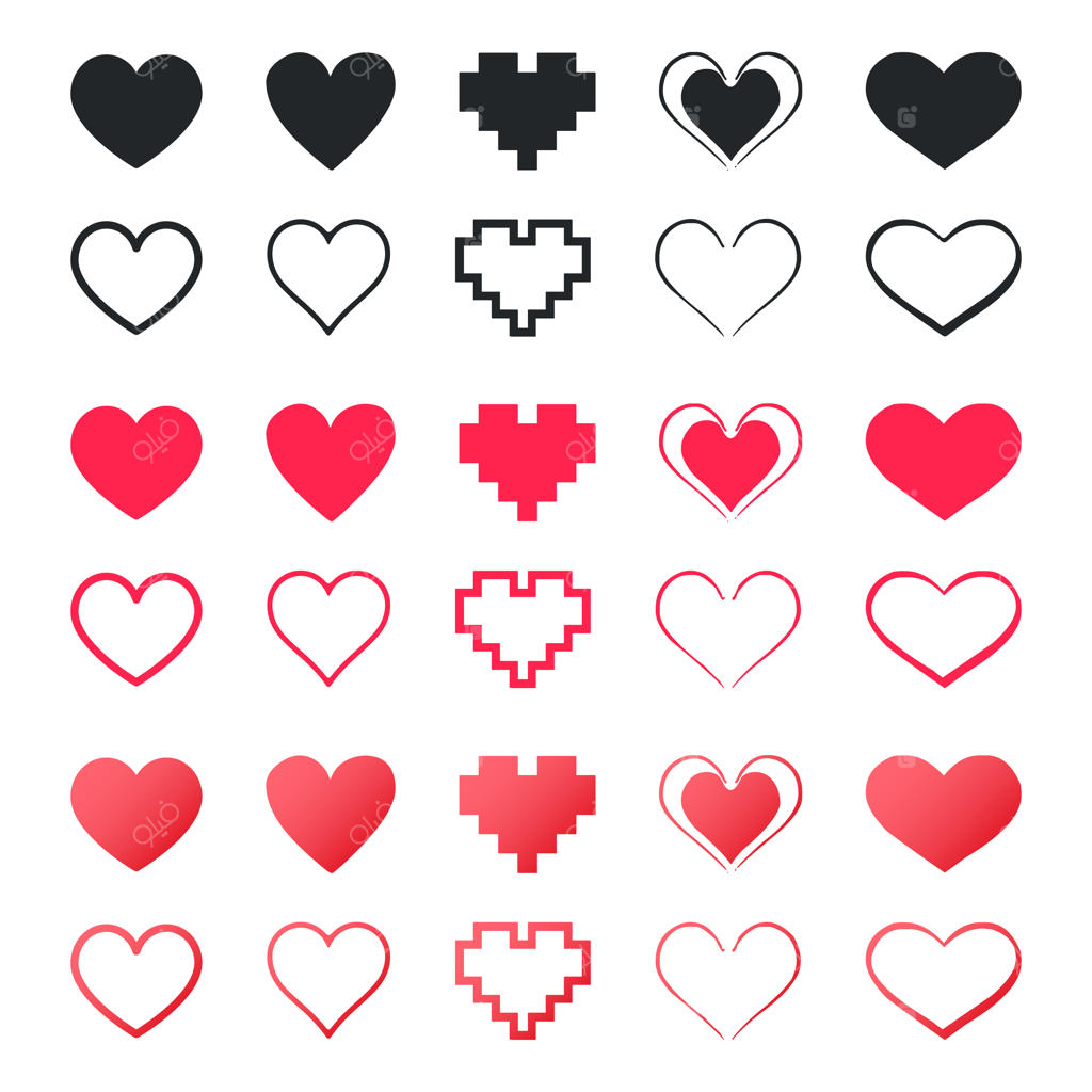مجموعه آیکون و تصویرسازی‌های قلب عاشقانه، شامل وکتورهای توپر و خطی