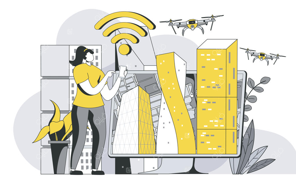 مفهوم کلان‌شهر آینده‌نگر با صحنه‌ای از افراد در یک شهر هوشمند با زیرساخت‌های مدرن