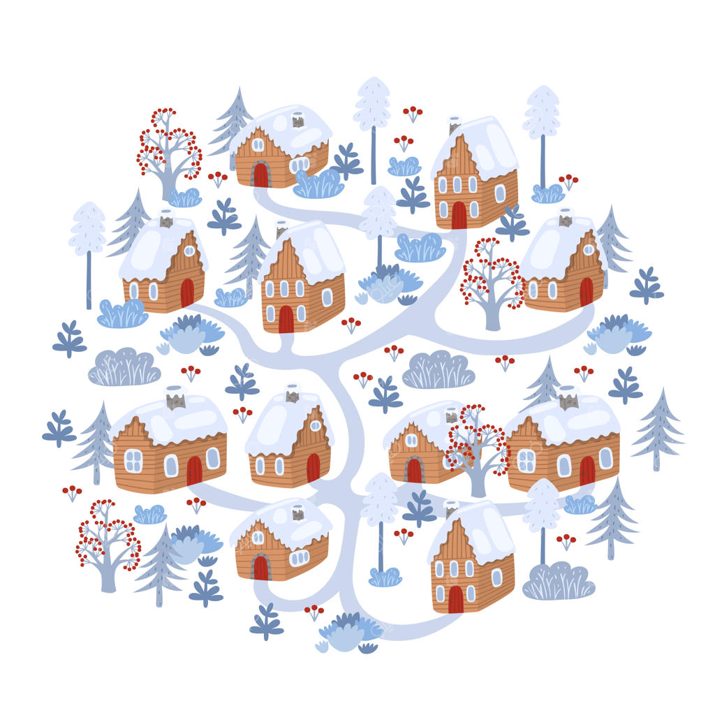 دهکده‌ی زمستانی در انزوا: خانه‌ها و درختان زمستانی.