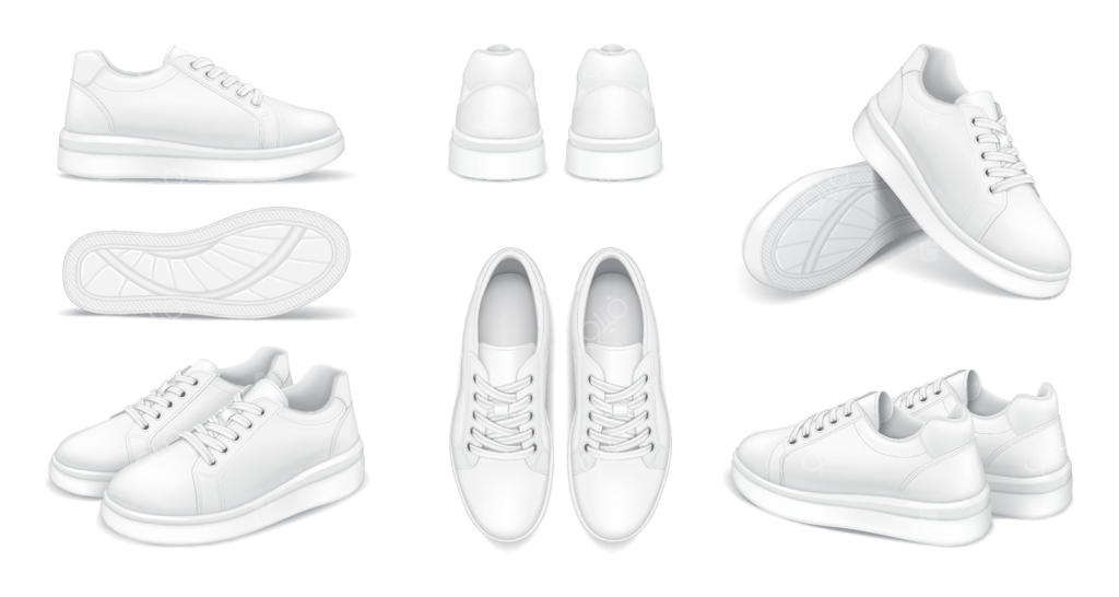پترن طراحی کفش‌های راحتی: مجموعه‌ای از مدل‌های واقع‌گرایانه کتانی دویدن از زوایای مختلف روی پس‌زمینه سفید