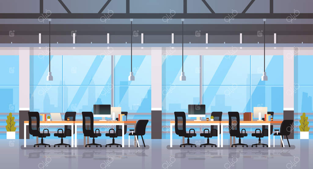 طراحی داخلی مدرن دفتر کار - فضای همکاری خلاقانه با چشم‌انداز شهری