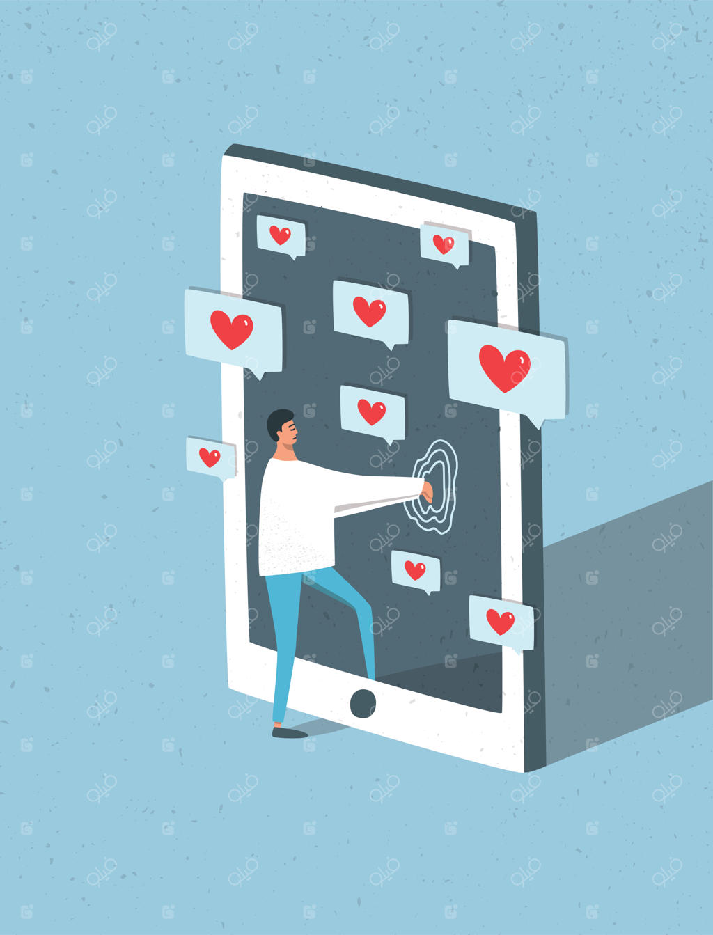 شخصیت کارتونی مرد در تلاش برای ورود به گوشی هوشمند غول‌پیکر