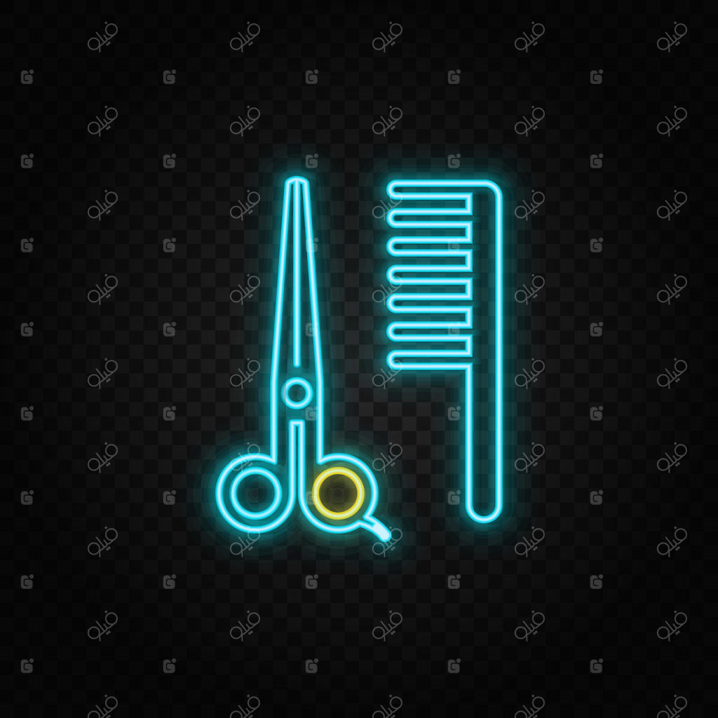 قیچی، شانه، آرایشگر: نماد نئون آبی و زرد. پس‌زمینه شفاف.