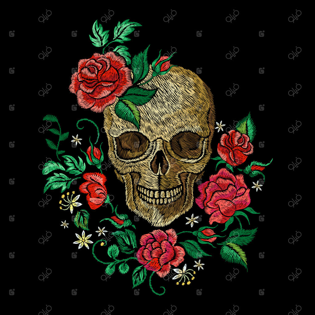 طرح گلدوزی جمجمه و گل رز: طراحی هنری روی پیراهن یا ژاکت چرمی با الهام از سبک راک - گرافیک‌ راک با تم گوتیک و مرگ، پوستر وینتیج مدرن وکتوری