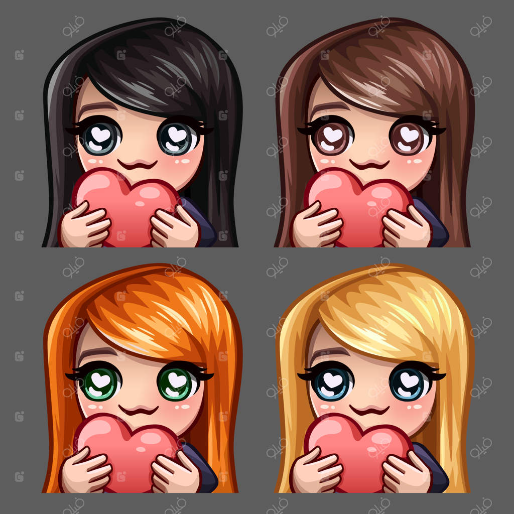 آیکون‌های احساسی زن شاد با قلب و موی بلند برای شبکه‌های اجتماعی و استیکرها