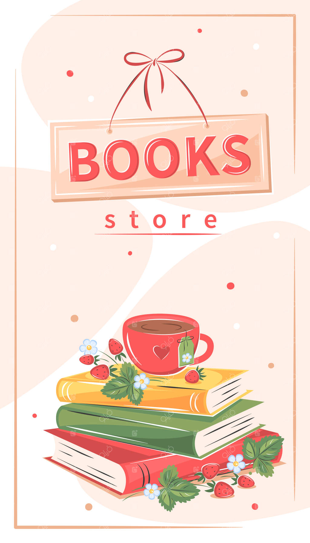 طراحی چیدمان کتابفروشی با کتاب‌ها، فنجان قهوه یا چای، گل‌ها و توت‌فرنگی‌ها