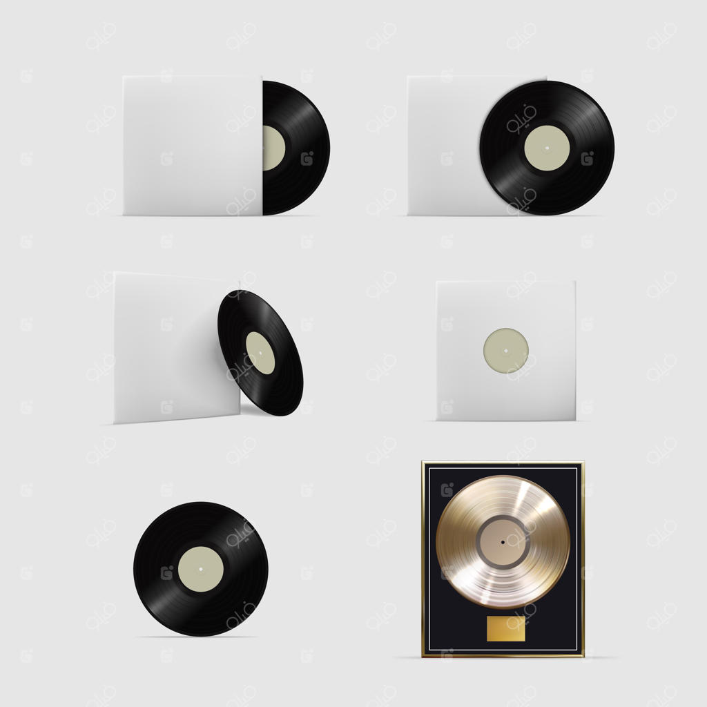 صفحه‌های وینیل: صفحه‌های صوتی استریو وینیل واقعی تکی یا با جلد روی پس‌زمینه سفید. آیکون تجهیزات رسانه‌ای. مجموعه اشیای نگهدارنده موسیقی.