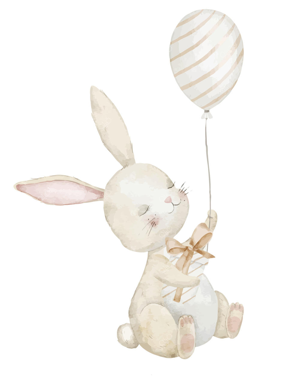 تصویر آبرنگی از خرگوشی با یک بادکنک و جعبه هدیه. طراحی دستی برای دعوت‌نامه سیسمونی یا کارت تبریک تولد کودکان. نقاشی خرگوش برای پوستر اتاق کودک.